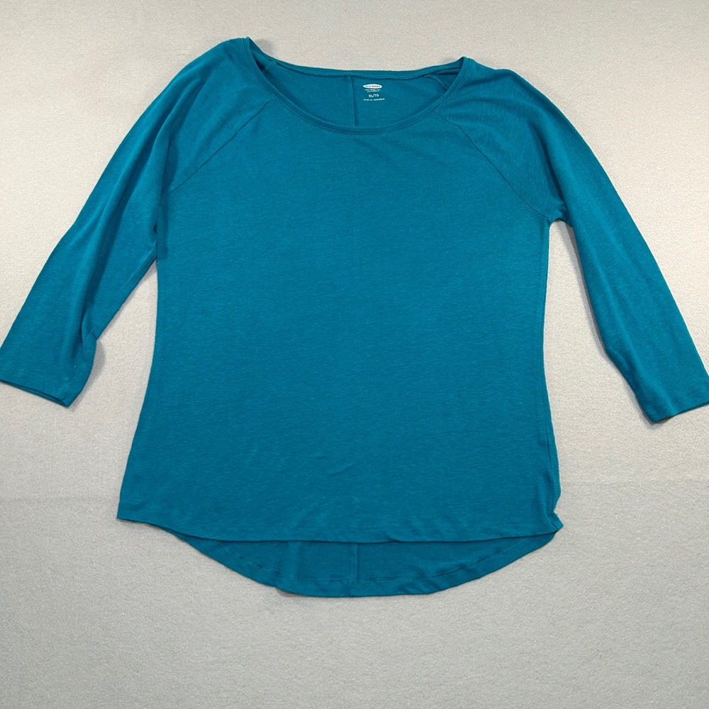 Old Navy Top Womens XL Teal Blue 3/4 Sleeve Scoop Neck High Low Hem Slub